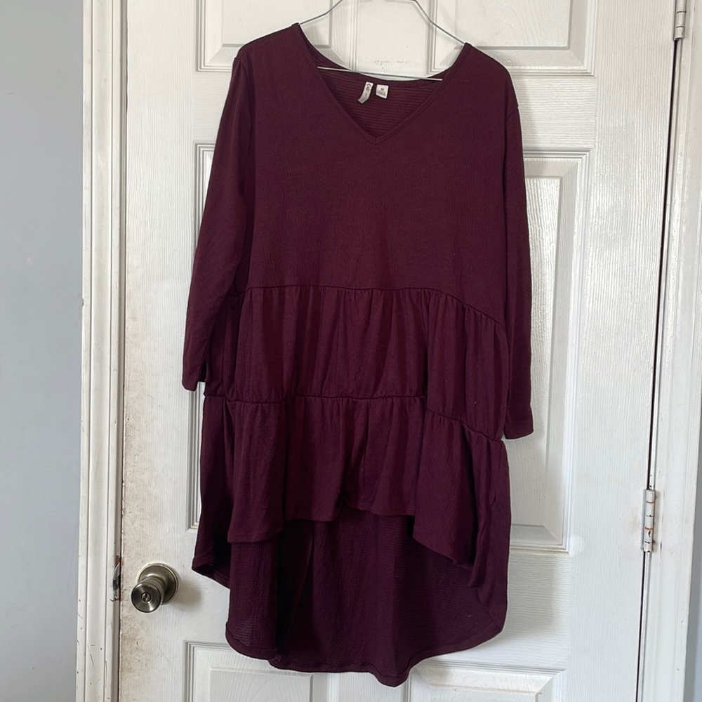 Cato dark red burgundy crew neck midi high low tiered quarter sleeve dress sz M